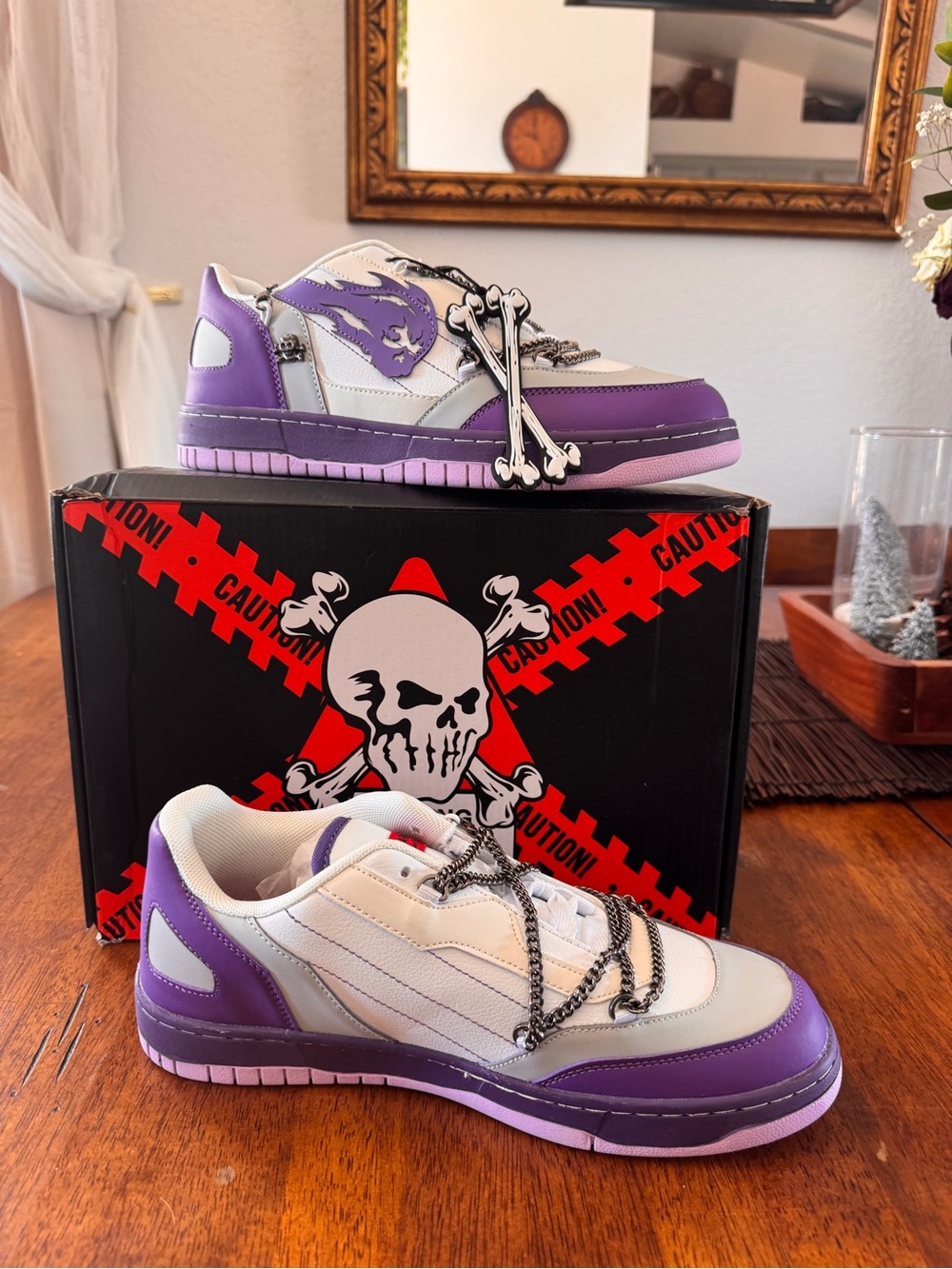 Purple & White Low-Top Sneakers with Decorative Chain